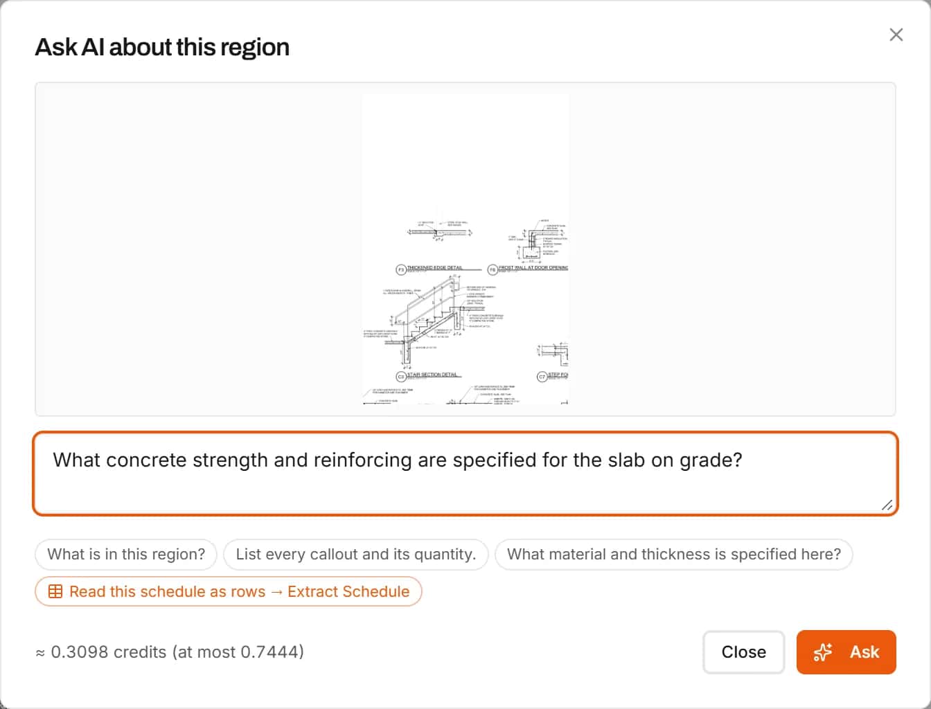 Ask AI dialog with a question about the slab on grade in the structural general notes