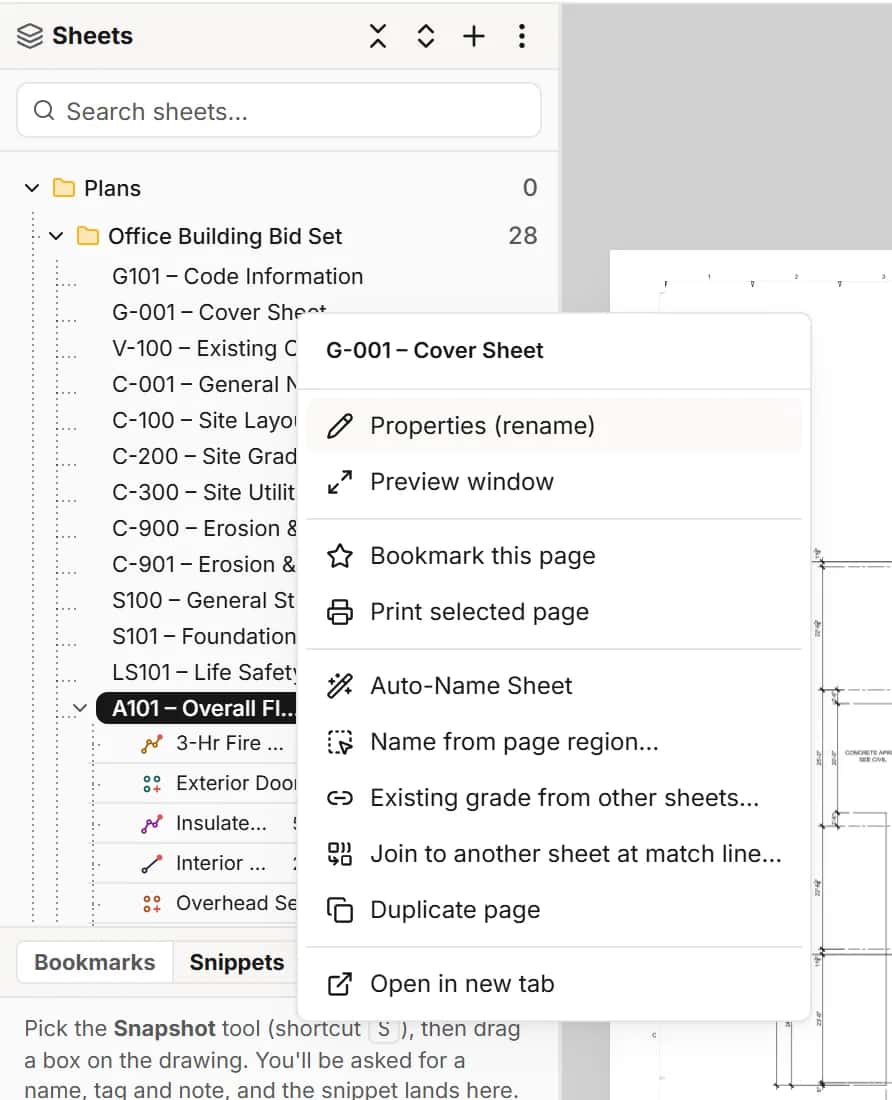 Sheet menu in the Sheets panel with Auto-Name Sheet, which reads the sheet number and name from the title block with AI
