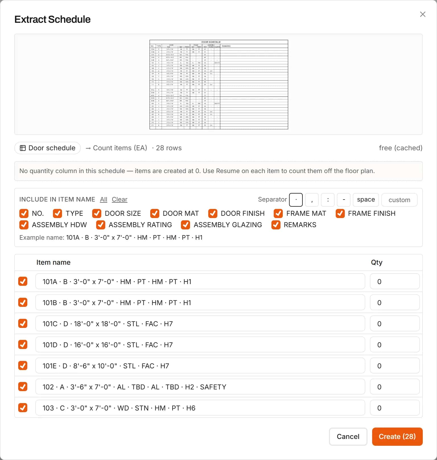Extract Schedule reading a door schedule into one count item per row, with the schedule columns chosen for the item names