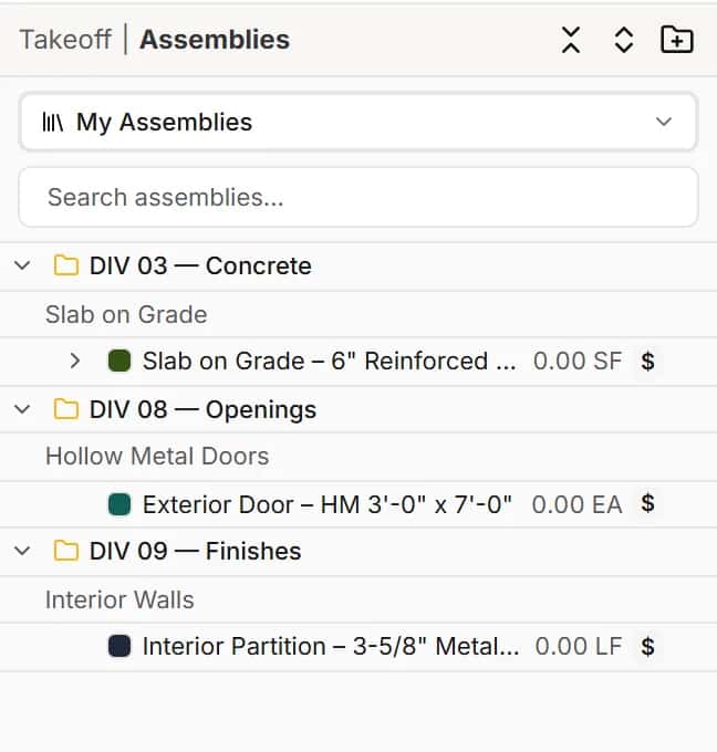 Assemblies panel with saved slab, exterior door and interior partition assemblies filed by division