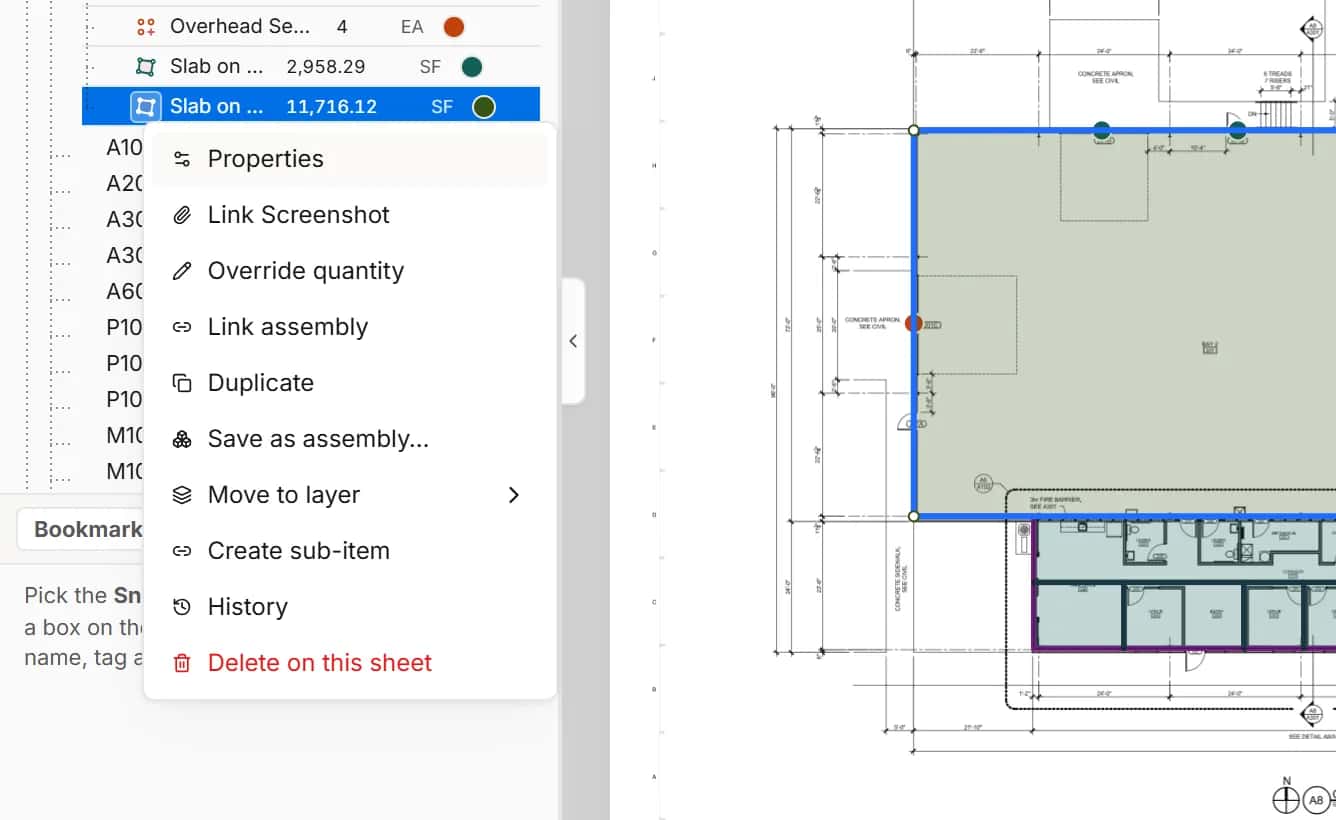 Save as assembly from an item's menu, keeping its sub-items, formulas and costs