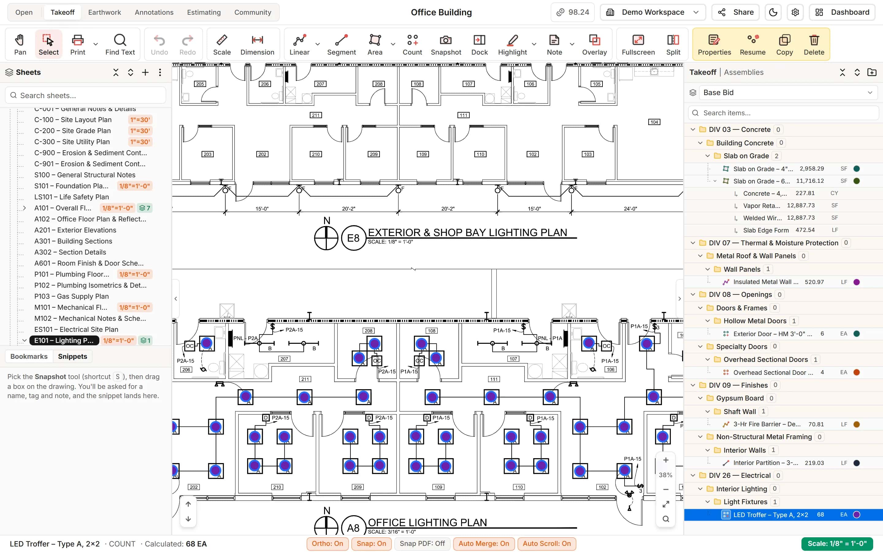 Count item created from Auto Count, with every fixture marked on the lighting plan