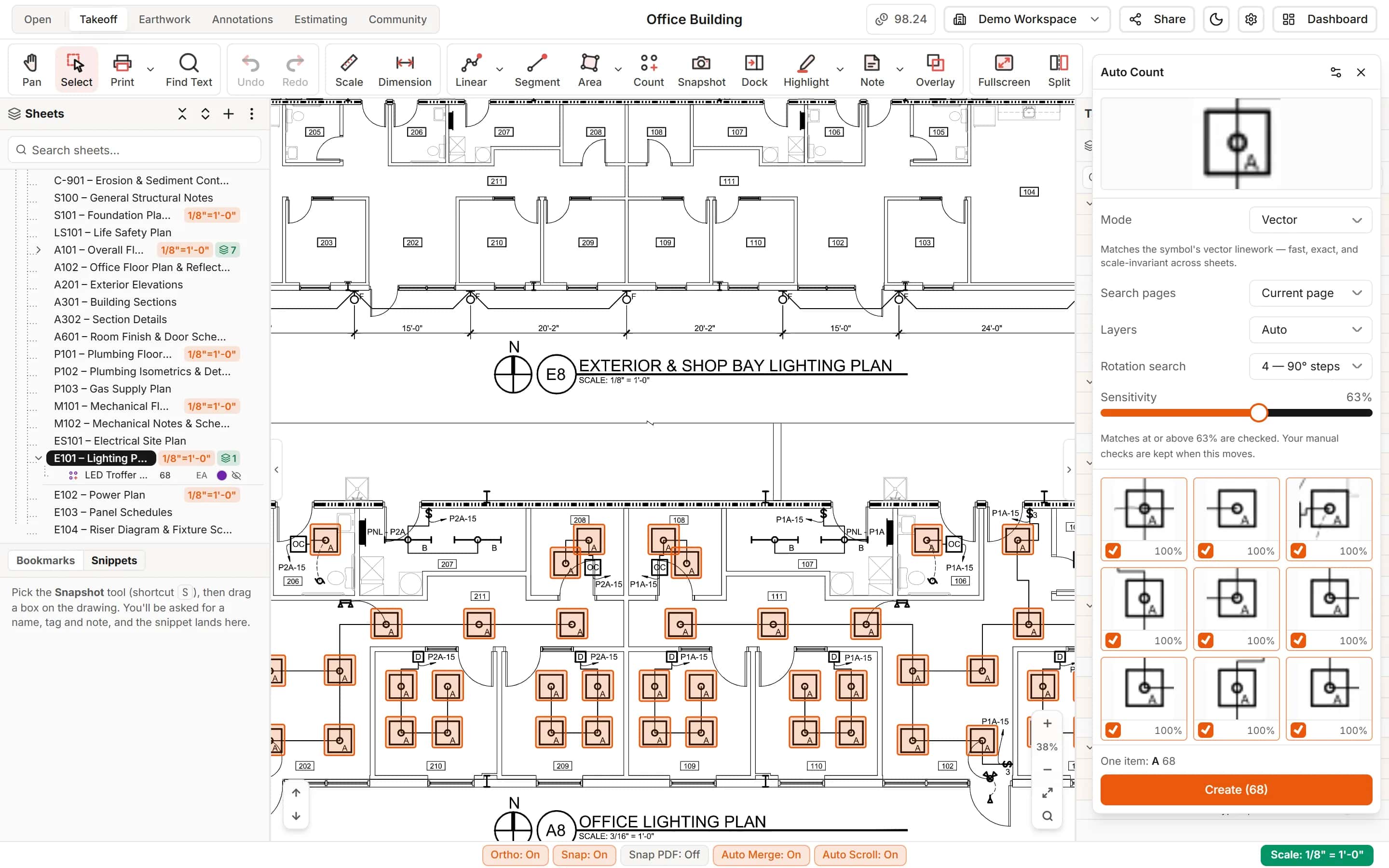 Auto Count on an office lighting plan: every matching light fixture highlighted and the review panel with matches to check