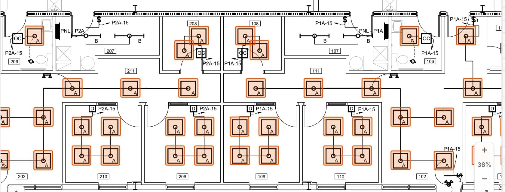 Light fixtures found by Auto Count outlined on the office lighting plan