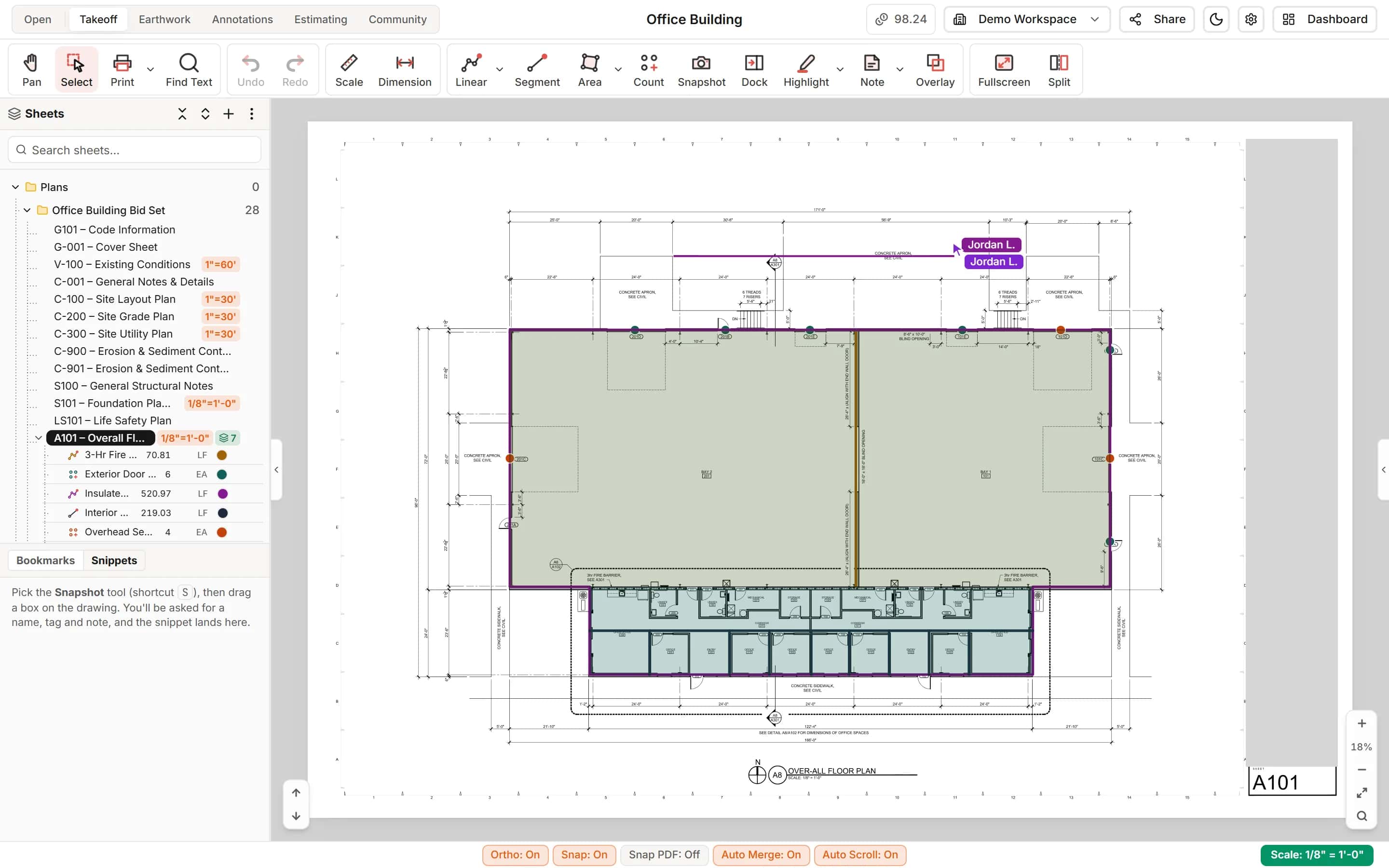 Two estimators on the same floor plan: a teammate's cursor and the run they are drawing appear live with their name