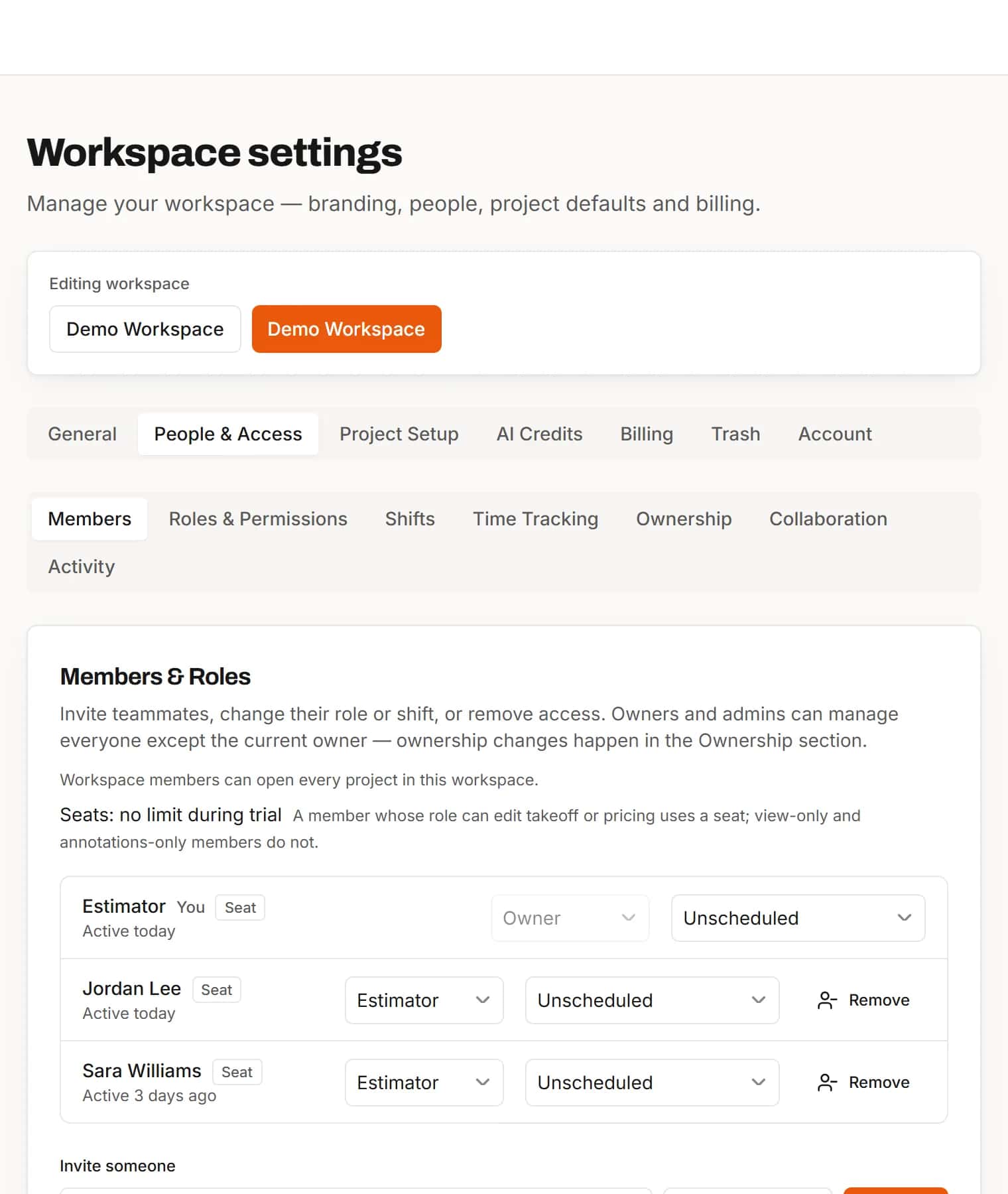 Members and roles settings listing teammates with their roles and invitations