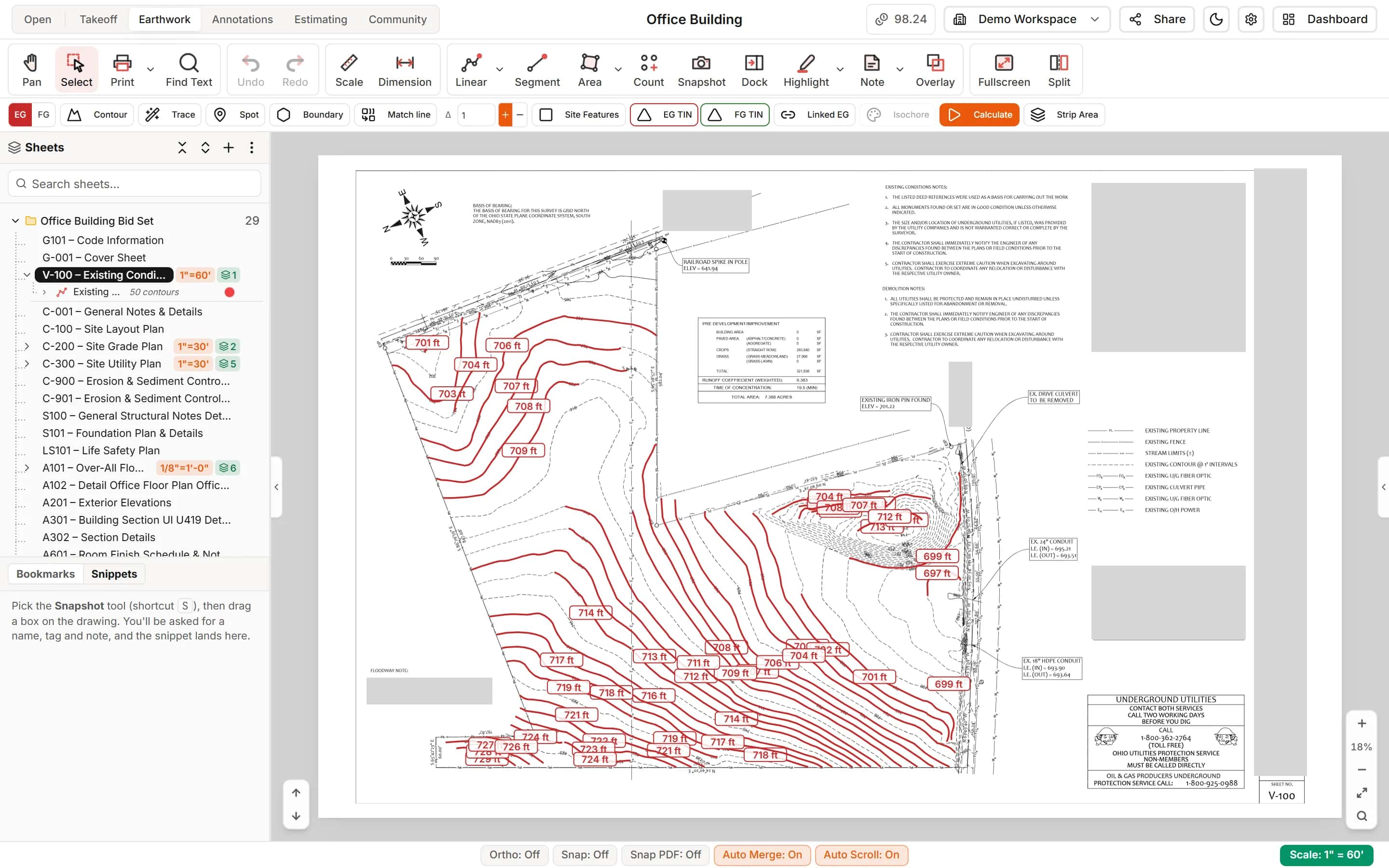 Existing ground contours traced on a survey sheet, each labelled with its elevation