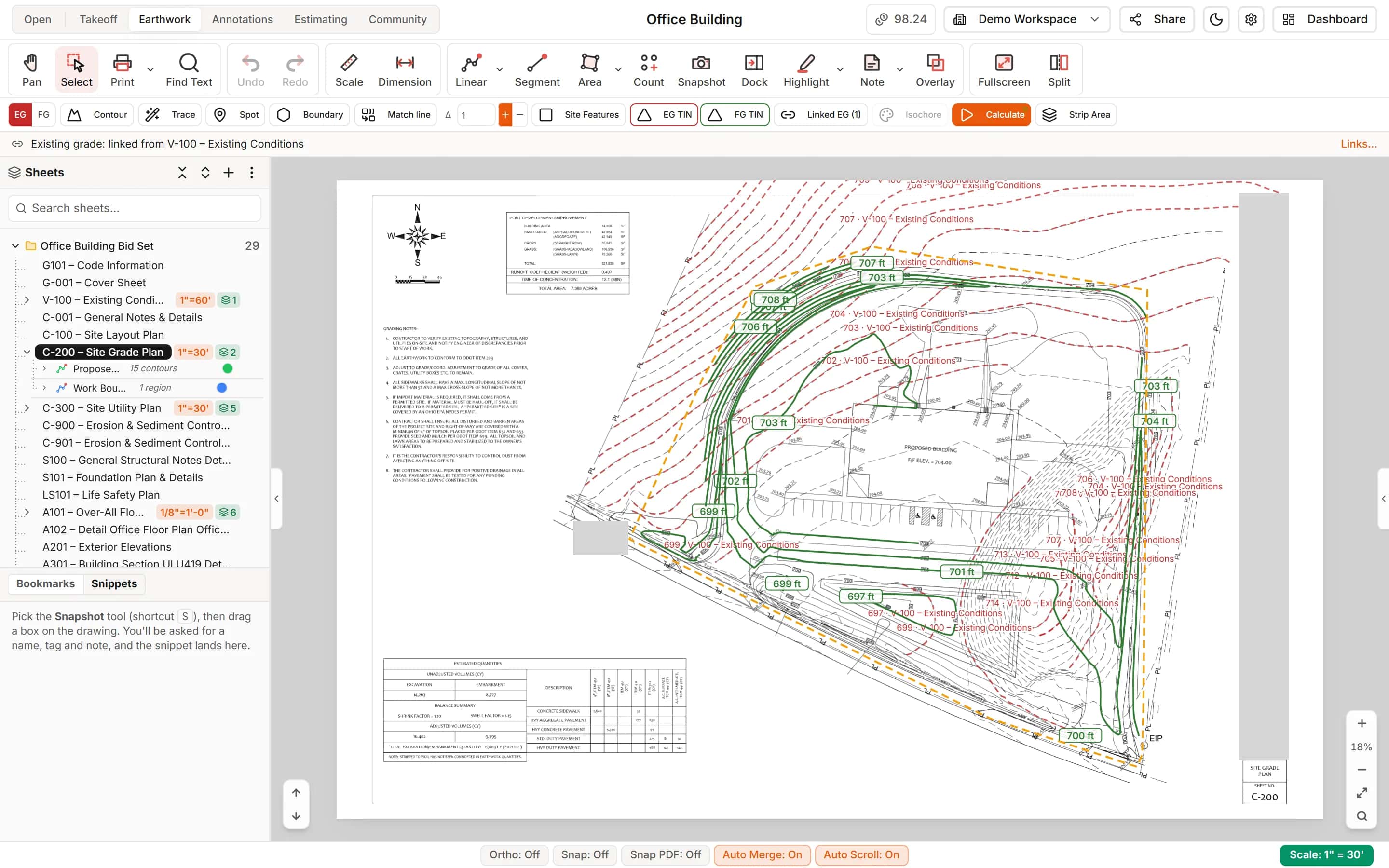 Earthwork tab on a site grading plan: proposed contours, the work boundary and existing grade contours linked from the survey sheet