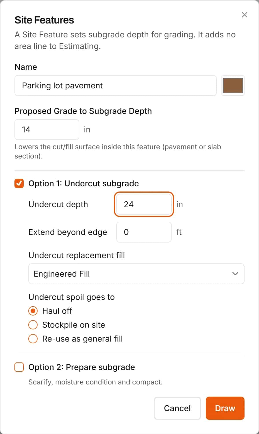 Site Features dialog setting the subgrade depth under pavement, undercut and subgrade preparation