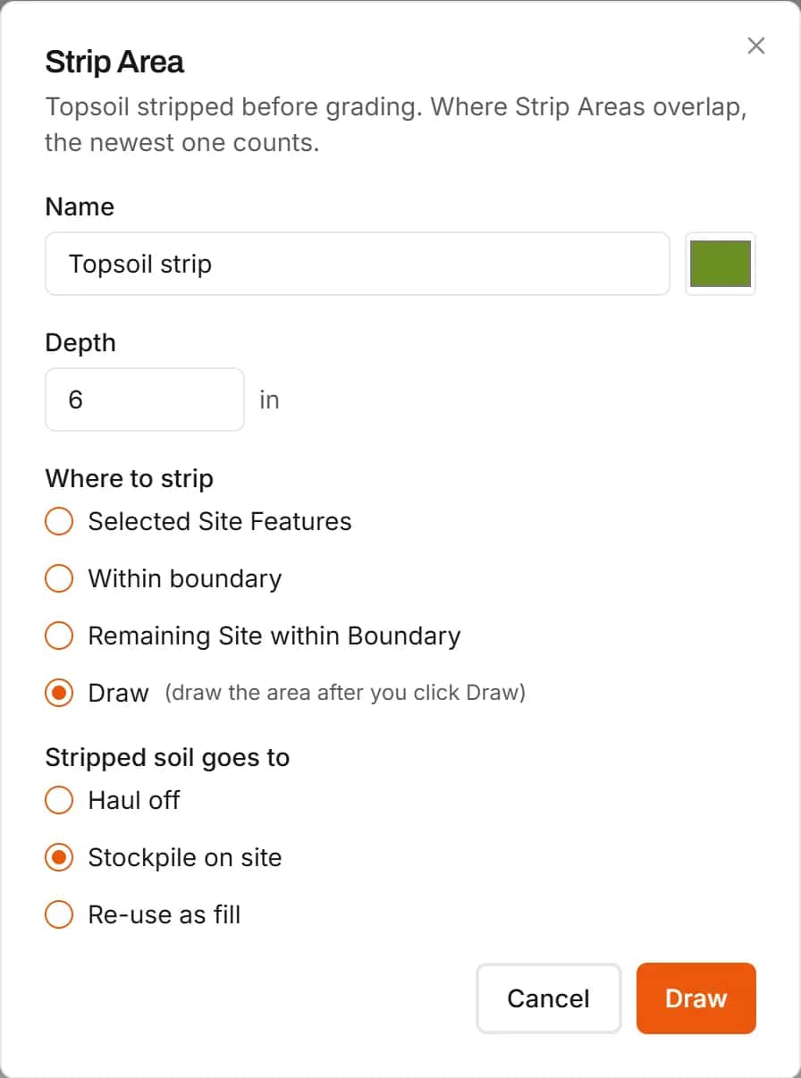 Strip Area dialog for topsoil: depth, where to strip, and whether the soil is hauled off, stockpiled or reused as fill