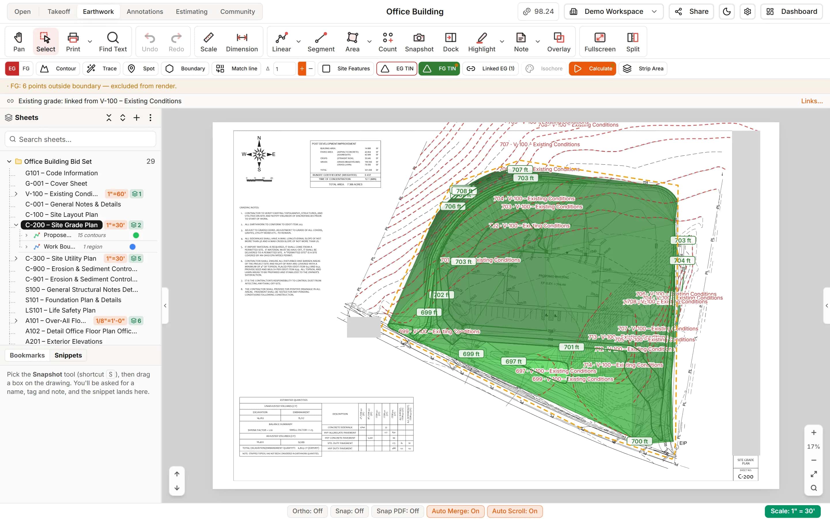 Finished grade surface triangulated from proposed contours on a site grading plan