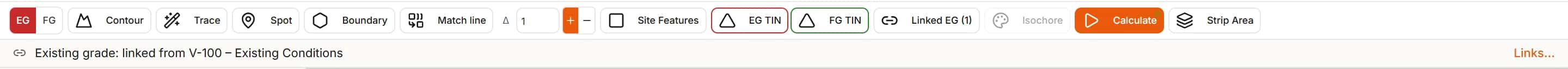 Earthwork toolbar: existing and finished grade, Contour, Trace, Spot, Boundary, Match line, Site Features, Linked EG, Calculate and Strip Area