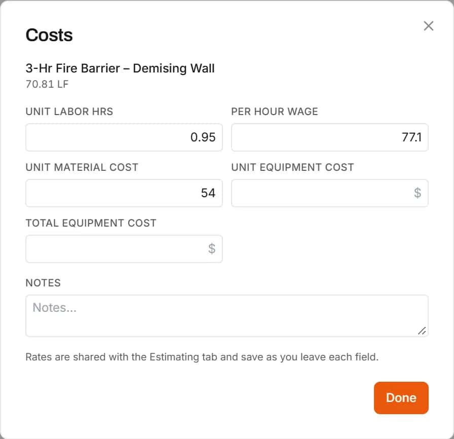 Costs dialog for a fire barrier line: unit labor hours, hourly wage, unit material and equipment cost