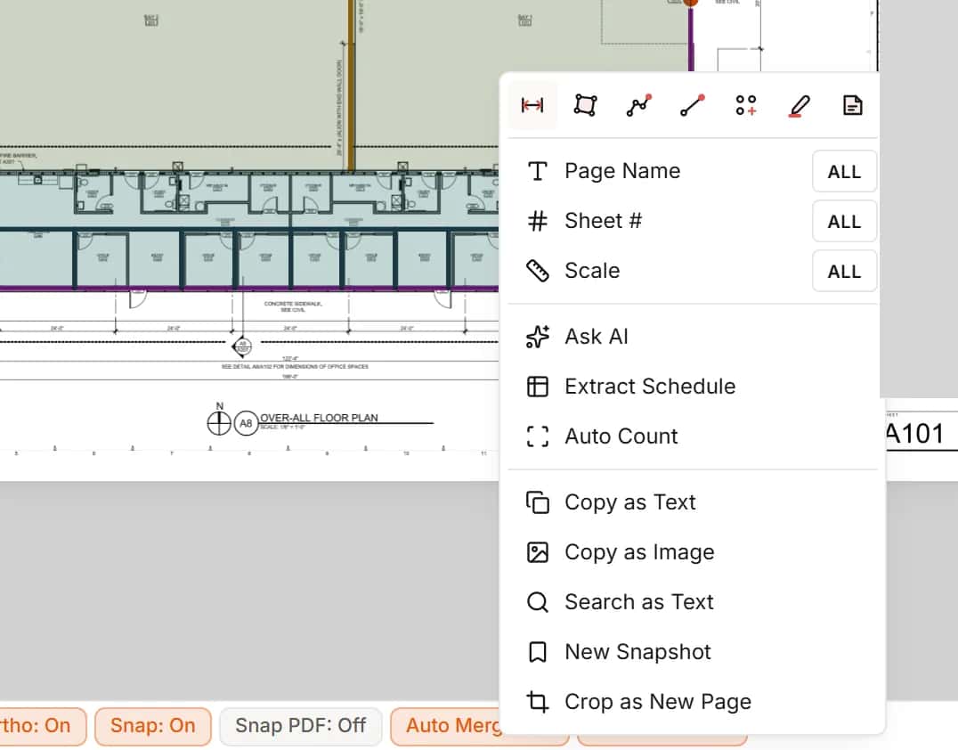 Menu for a boxed region of a drawing: Page Name, Sheet number and Scale for all pages, Ask AI, Extract Schedule, Auto Count and Crop as New Page