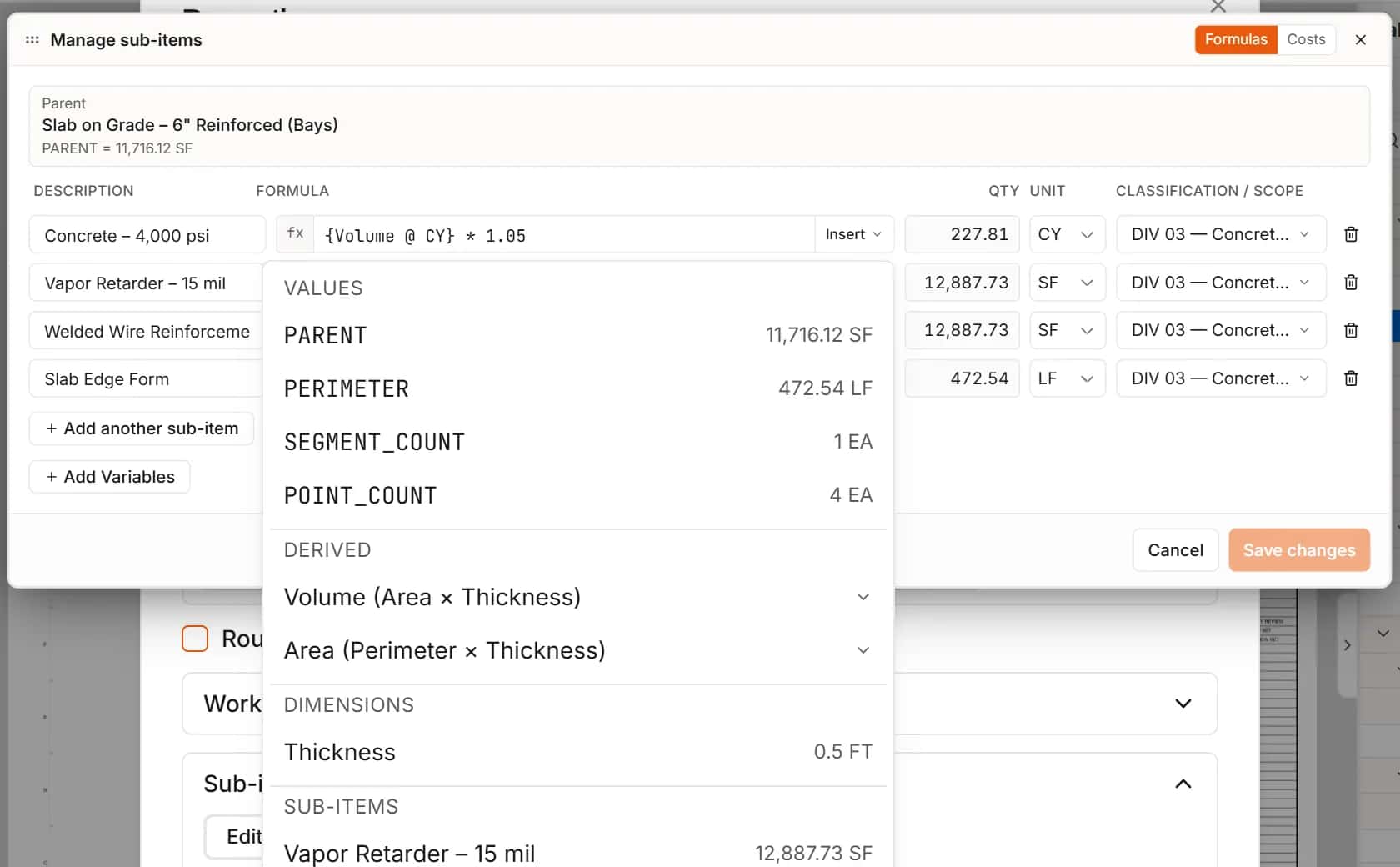 Insert menu in a sub-item formula offering the parent quantity, perimeter, a derived volume and the item's thickness