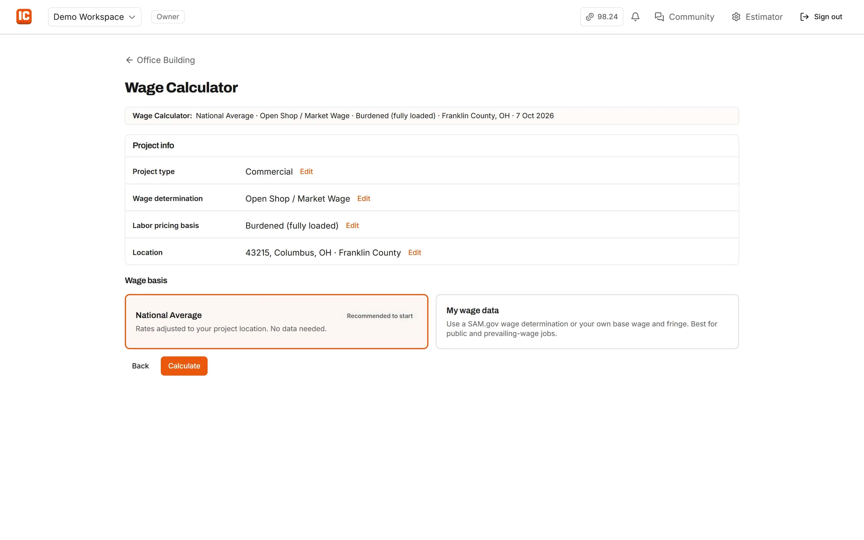 Wage Calculator choice between National Average adjusted to the project location and the contractor's own wage data