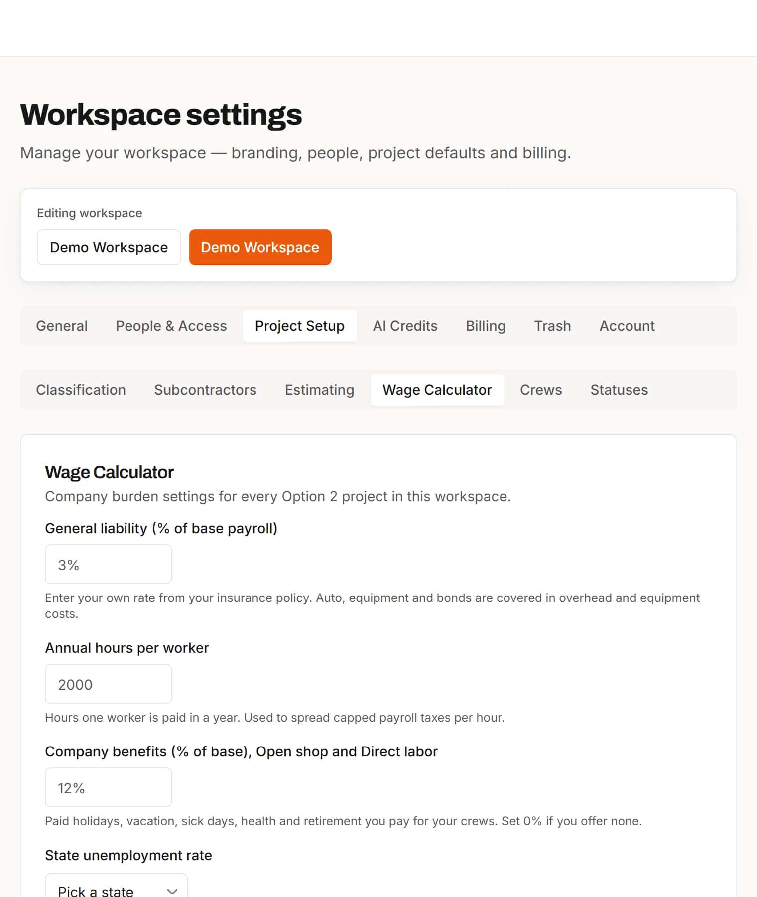 Workspace labor burden settings: general liability, annual hours, unemployment and workers' comp rates