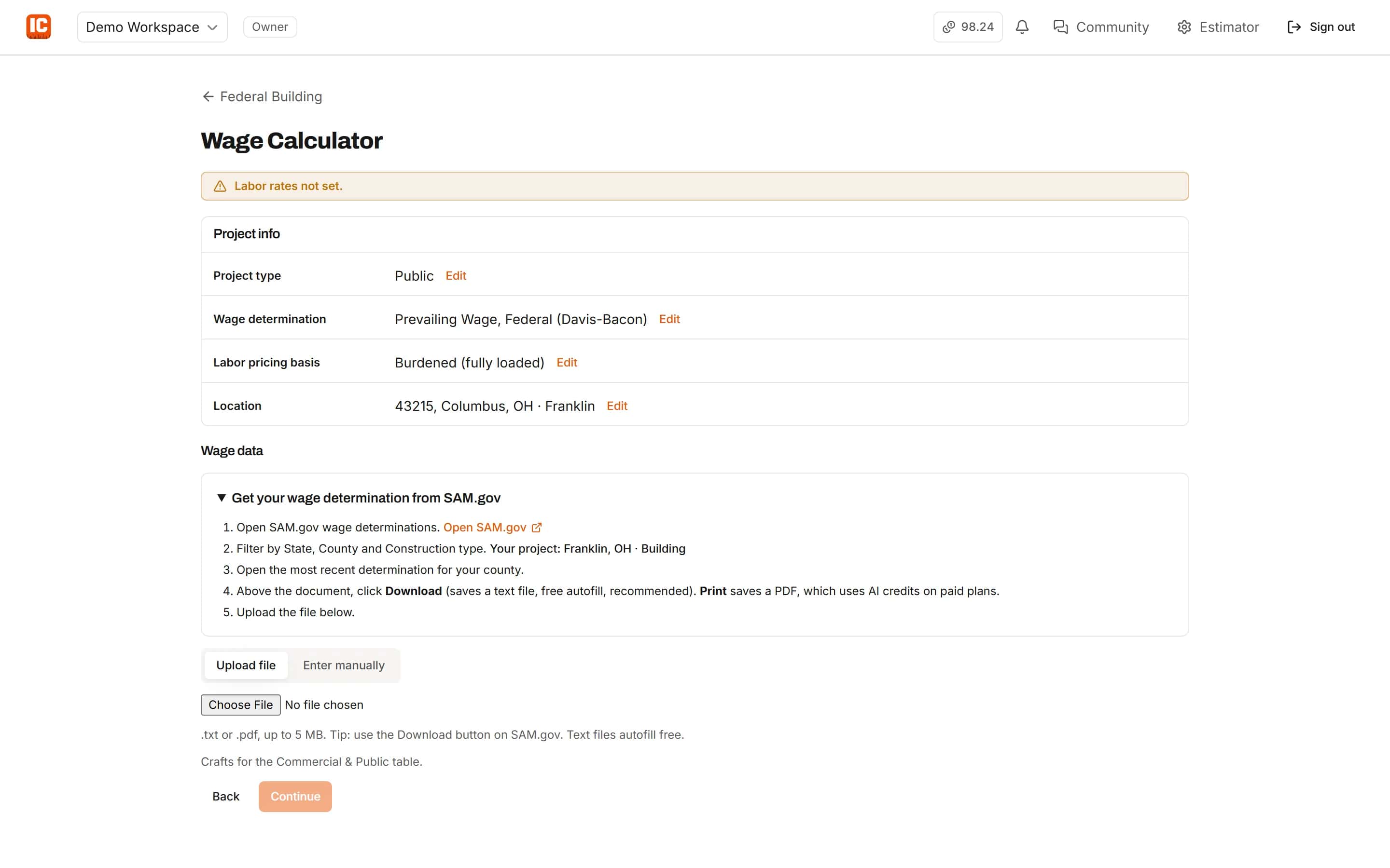 Wage data step for a Davis-Bacon project, uploading a SAM.gov wage determination to fill base and fringe for each craft