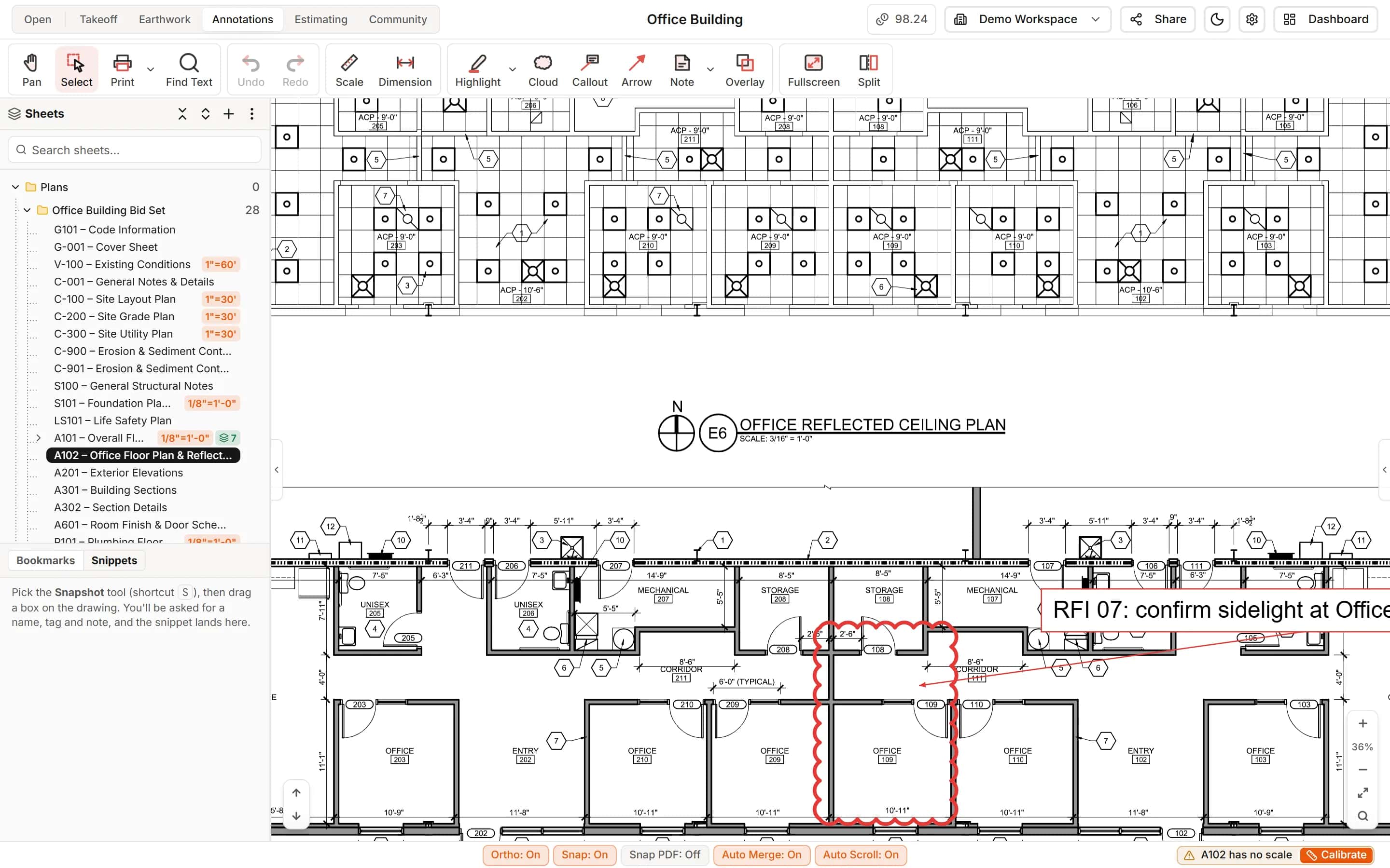 Annotations on an office floor plan: a cloud around an office and a callout asking to confirm a sidelight before ordering frames