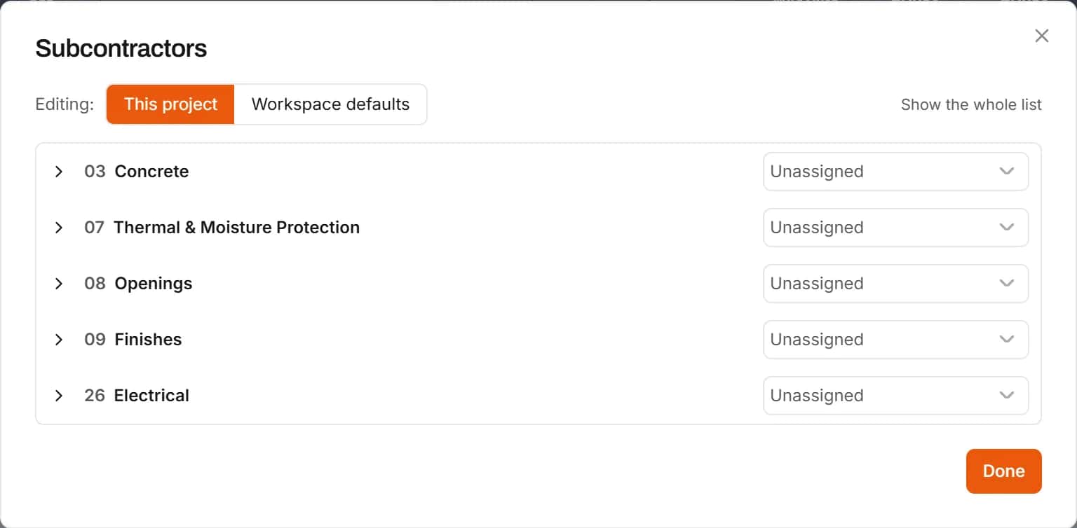 Manage subcontractors dialog listing this project's divisions, each with a subcontractor to assign
