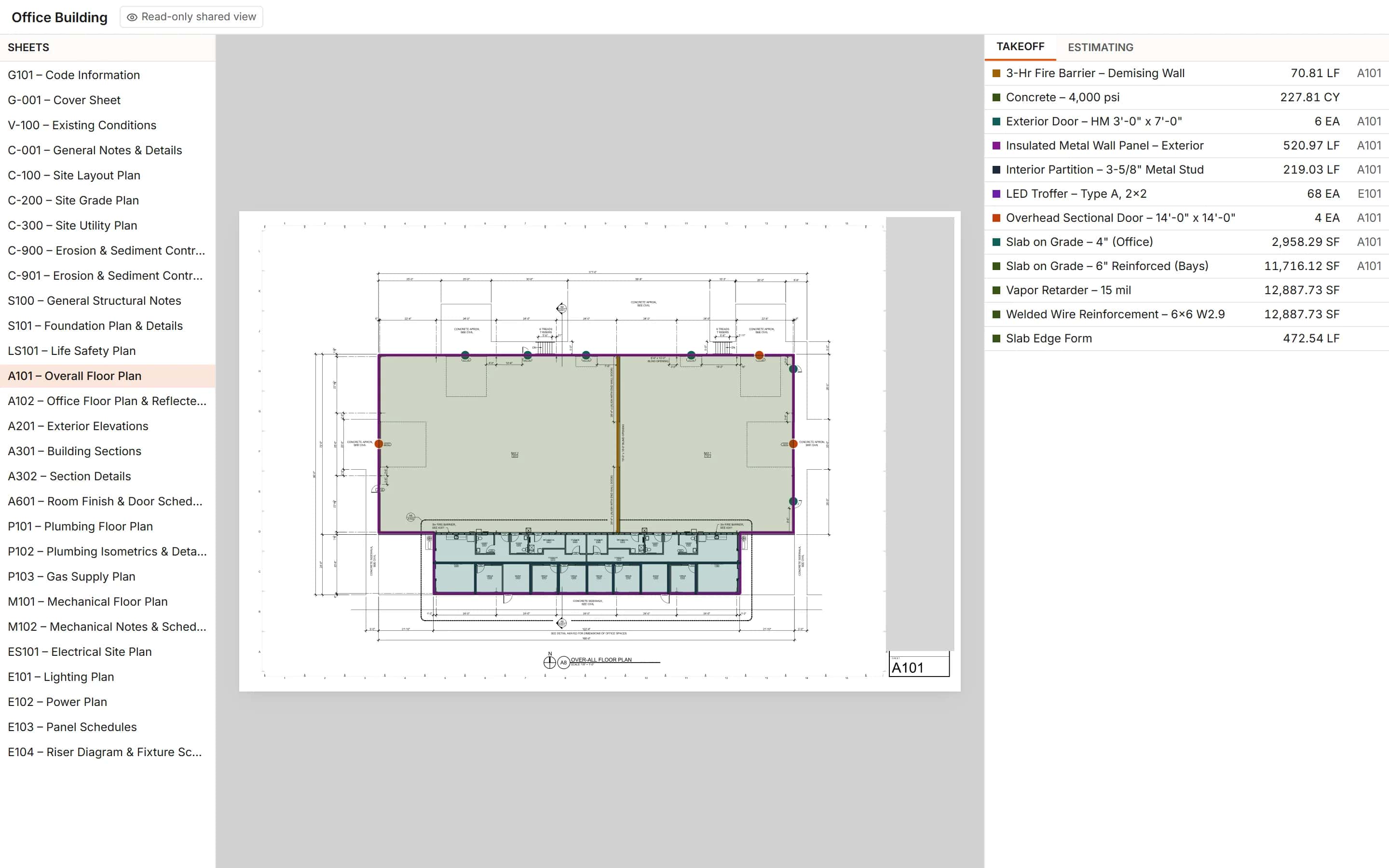 Read-only shared view of a project: the sheet list, a floor plan with its takeoff drawn, and the takeoff quantities beside it