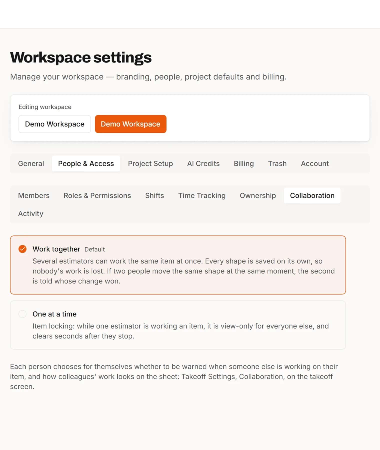 Collaboration settings with the Work together and One at a time modes