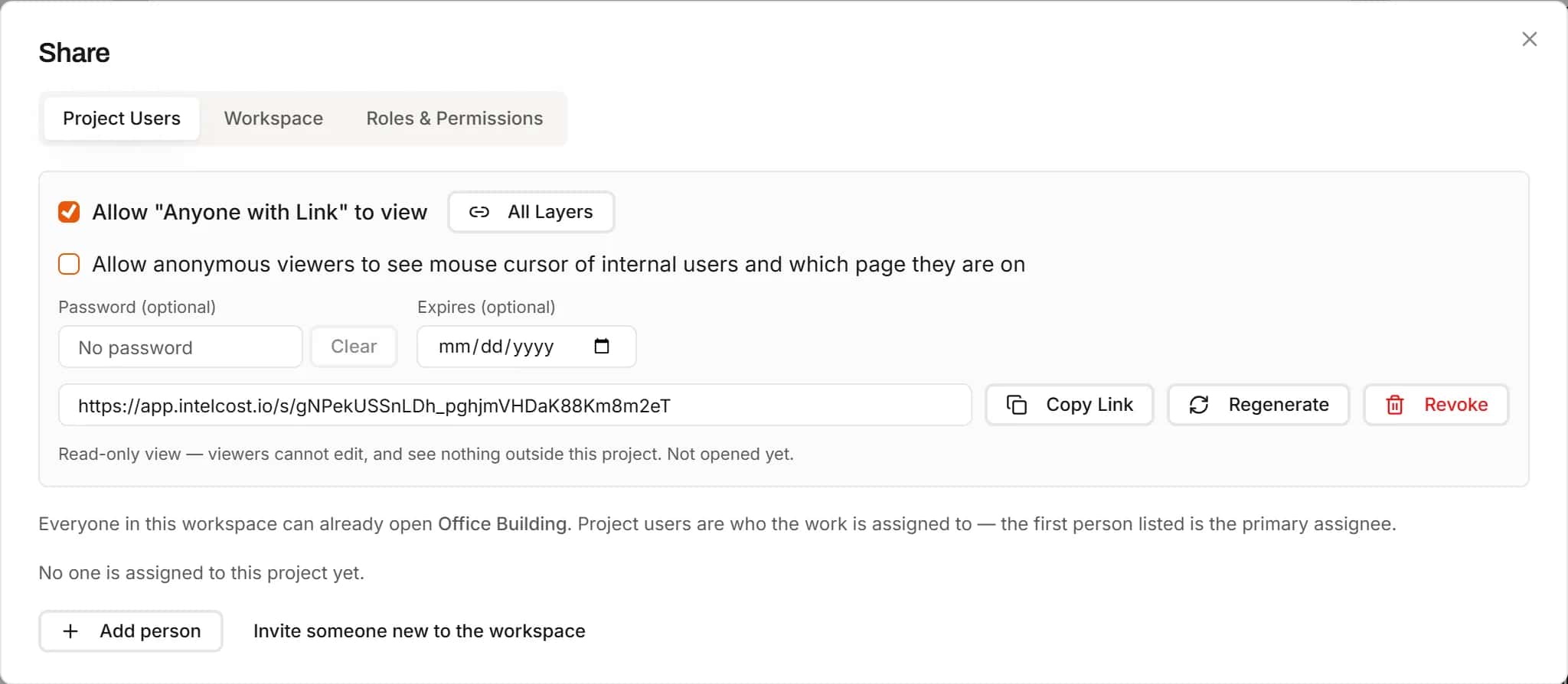 Share dialog with Anyone with Link turned on, a layer choice, an optional password and expiry date, and Copy Link, Regenerate and Revoke buttons