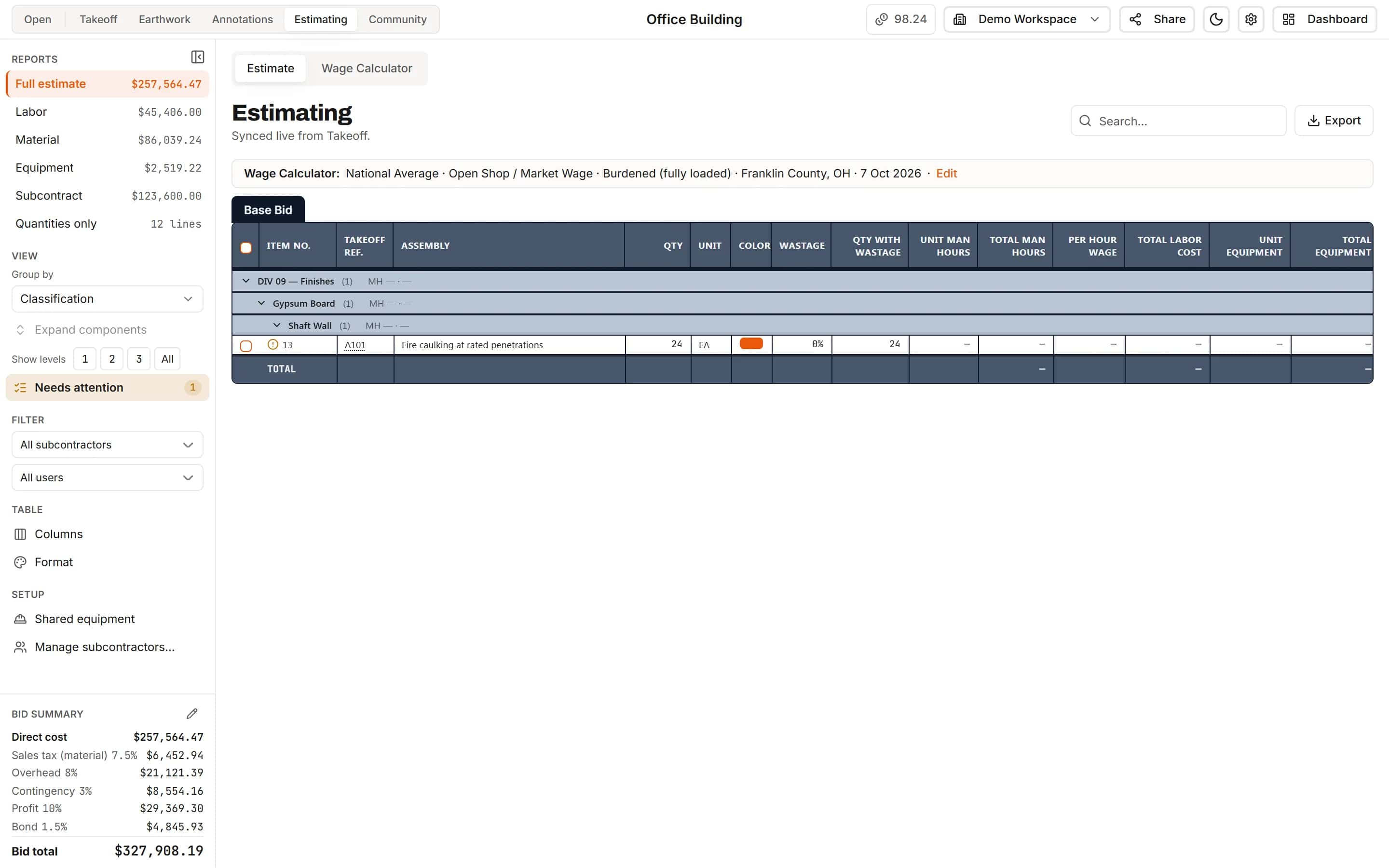 Needs attention selected in the Estimating sidebar, showing the one line that still has no rate