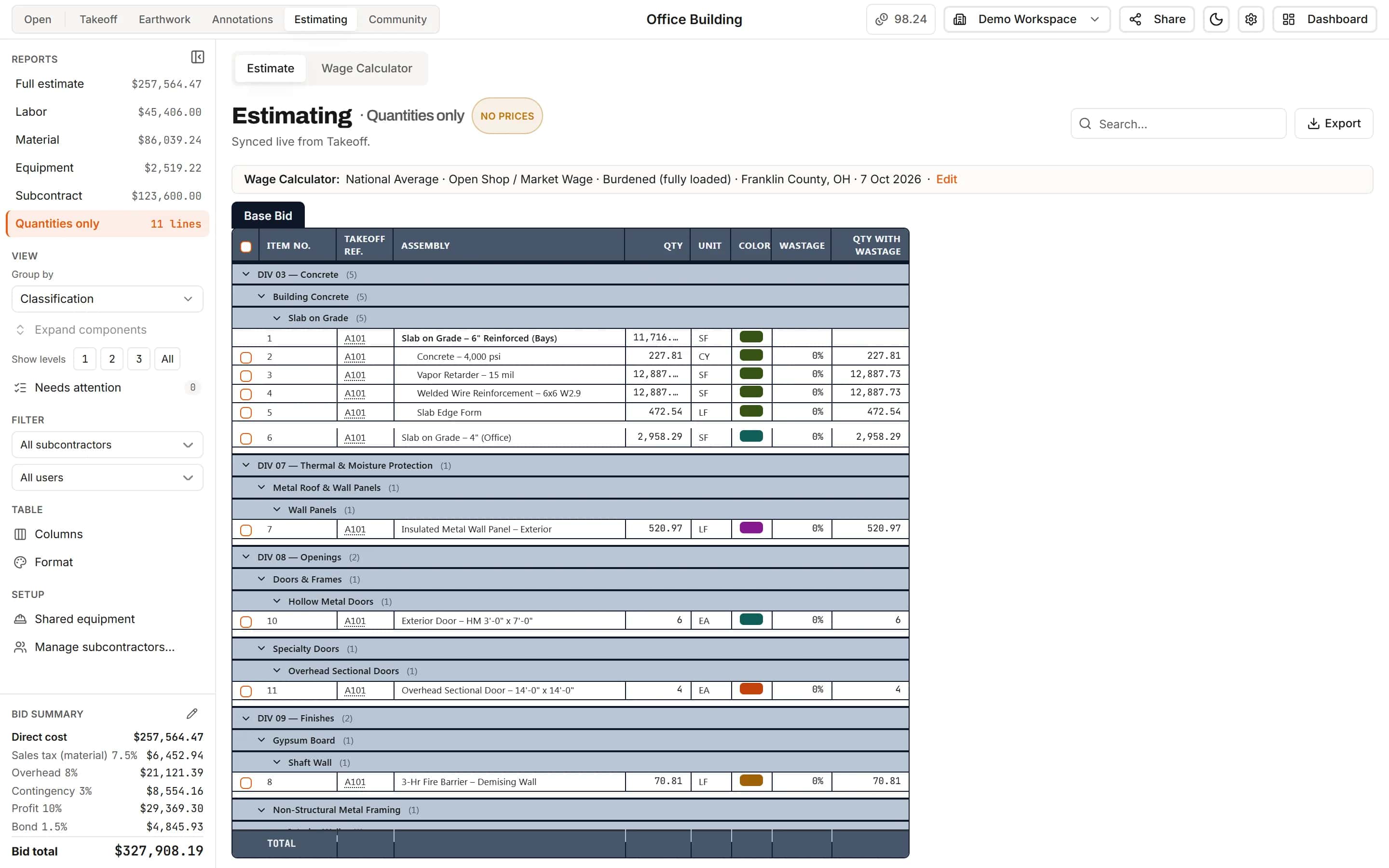 Quantities only report of the estimate, every line with its quantity and no prices