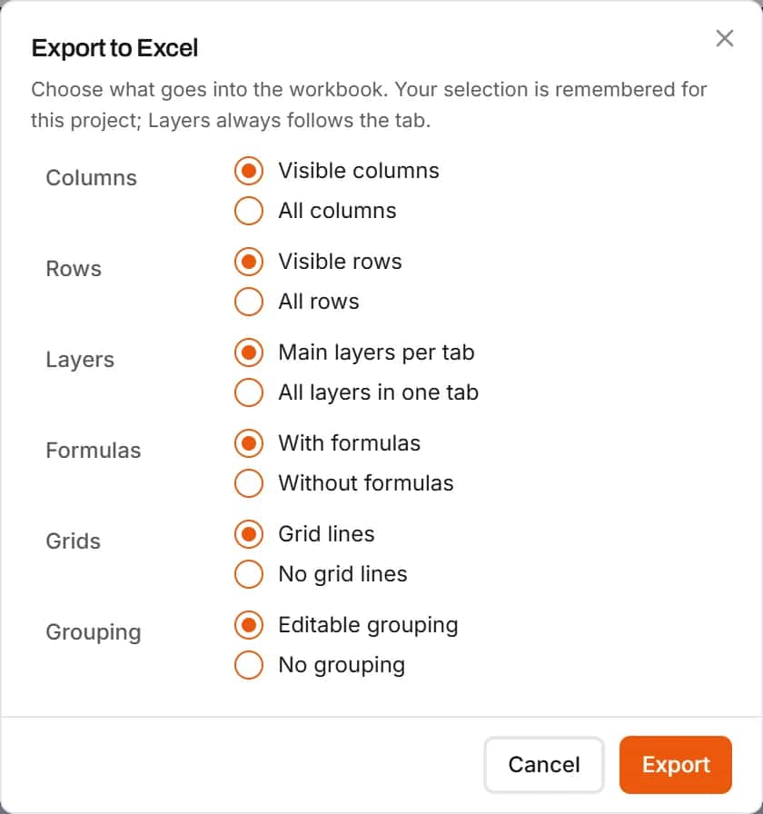Export to Excel dialog with choices for columns, rows, layers per tab and live formulas