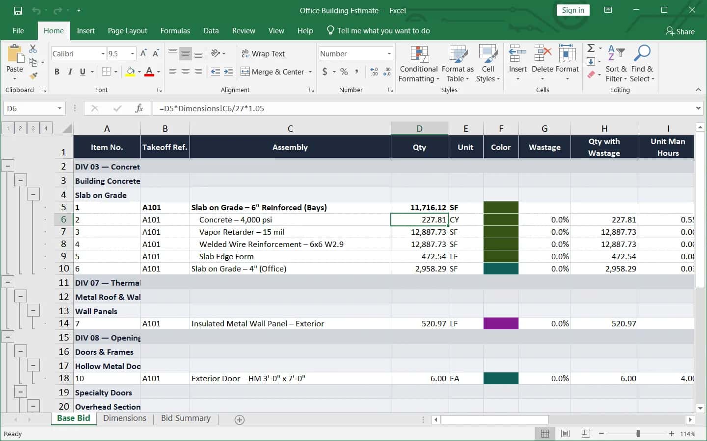 Exported estimate open in Excel: the concrete quantity's cell selected with its live formula in the formula bar, and the Base Bid, Dimensions and Bid Summary sheet tabs