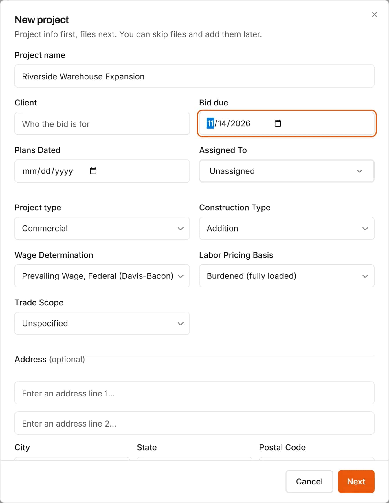 New project form with project type, construction type, wage determination and labor pricing basis