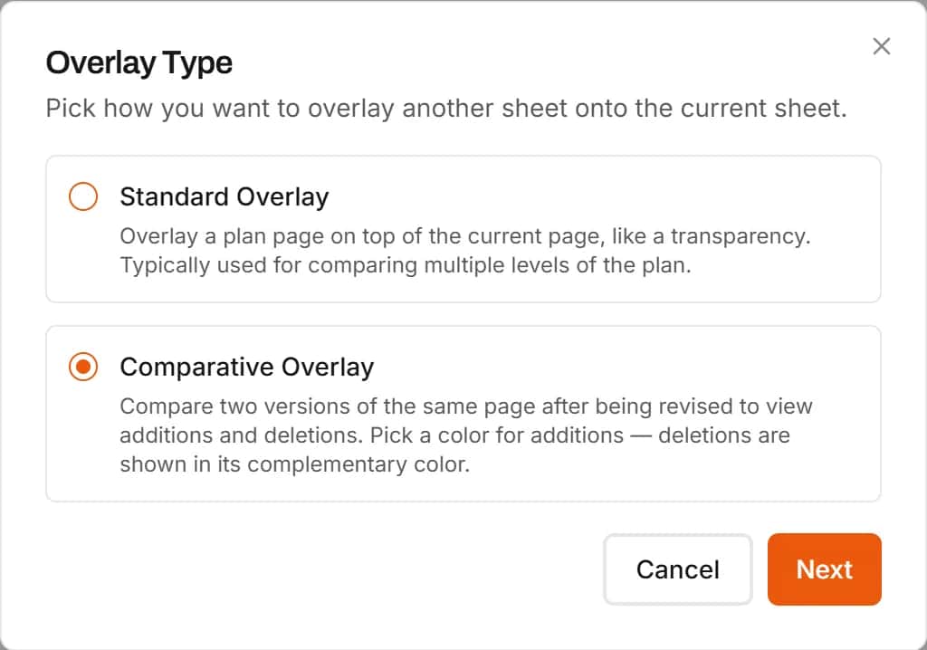 Overlay dialog choosing between a Standard Overlay and a Comparative Overlay, which shows a revised sheet's additions and deletions in two colours