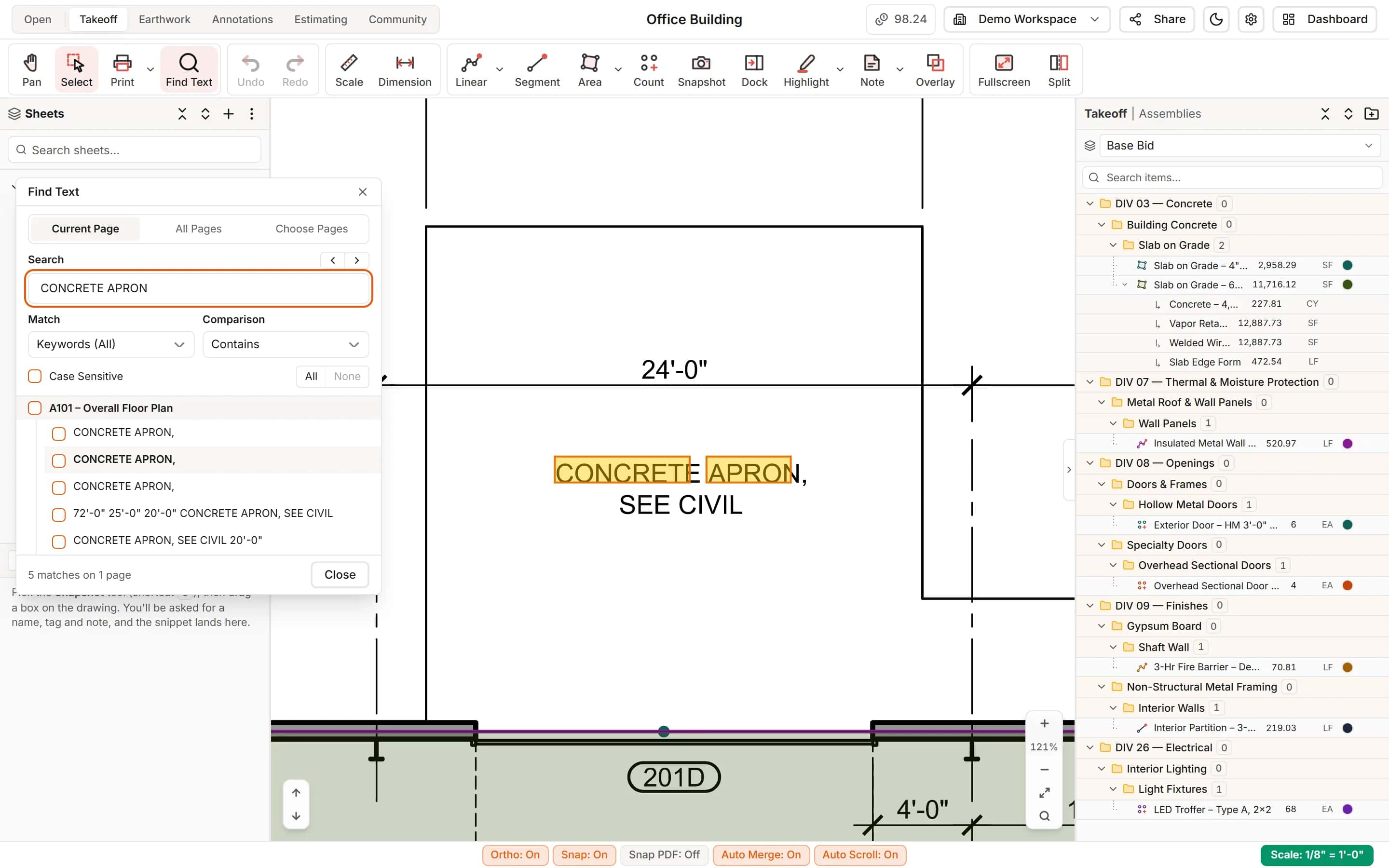 Find Text searching the words printed on a floor plan, with the hits highlighted on the sheet