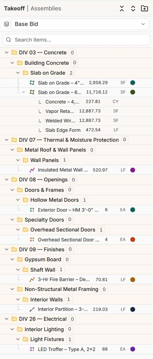 Takeoff panel listing measured items under CSI divisions, scopes and sub-scopes with quantities in SF, LF and EA
