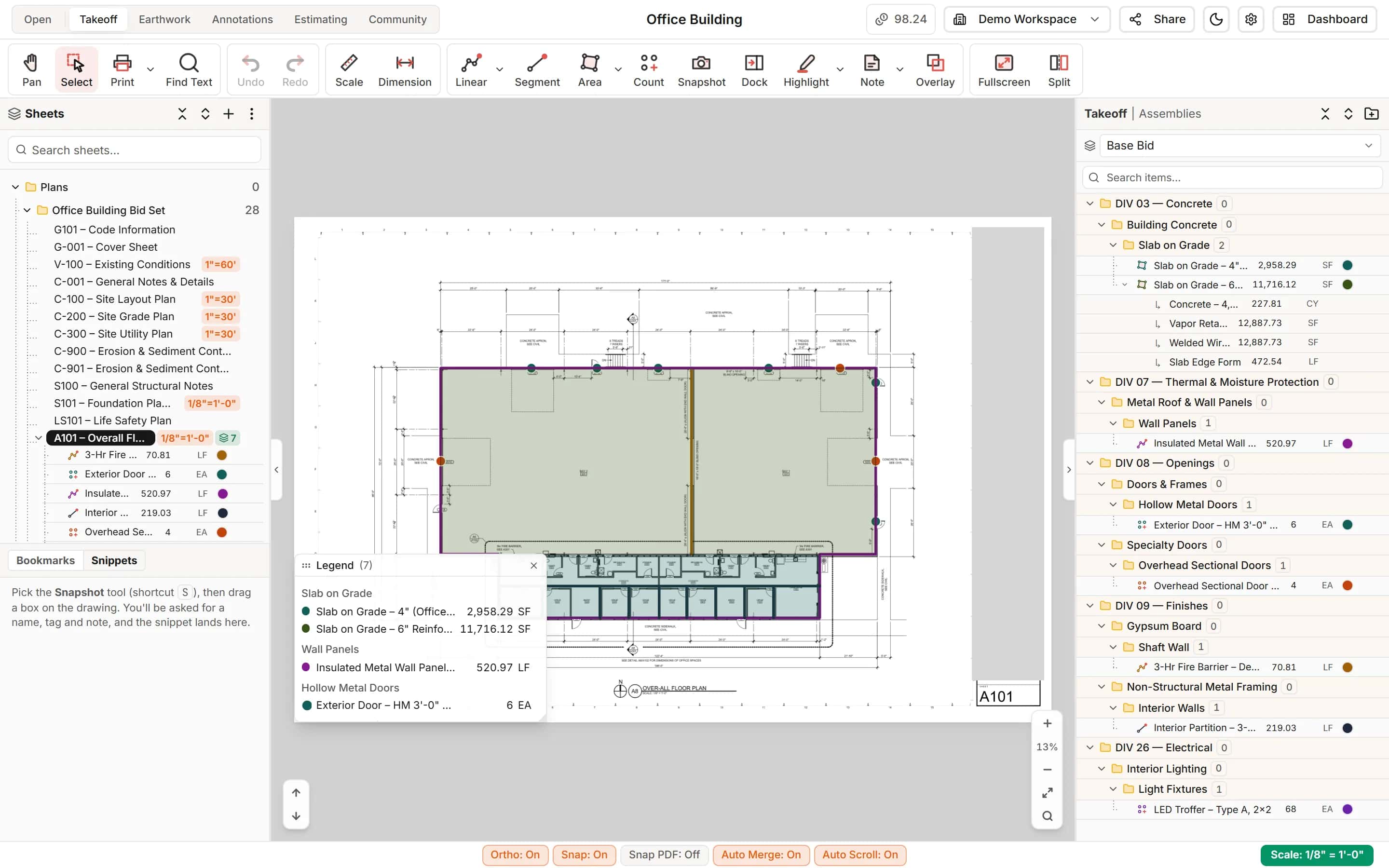 Floating legend on a measured floor plan listing each item and its quantity on the sheet