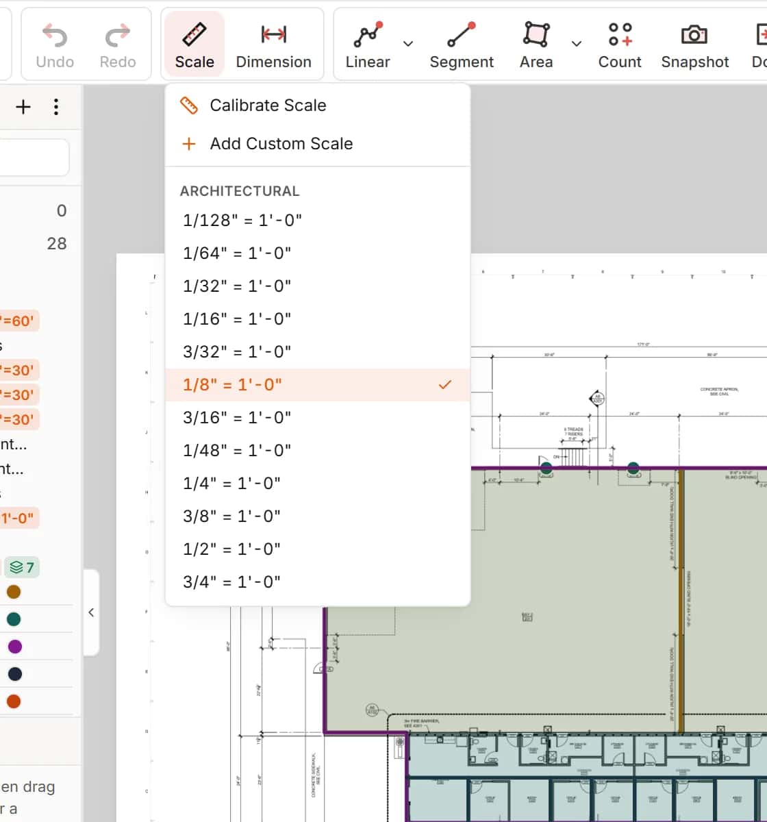 Scale menu with architectural, engineering and metric presets and Calibrate Scale