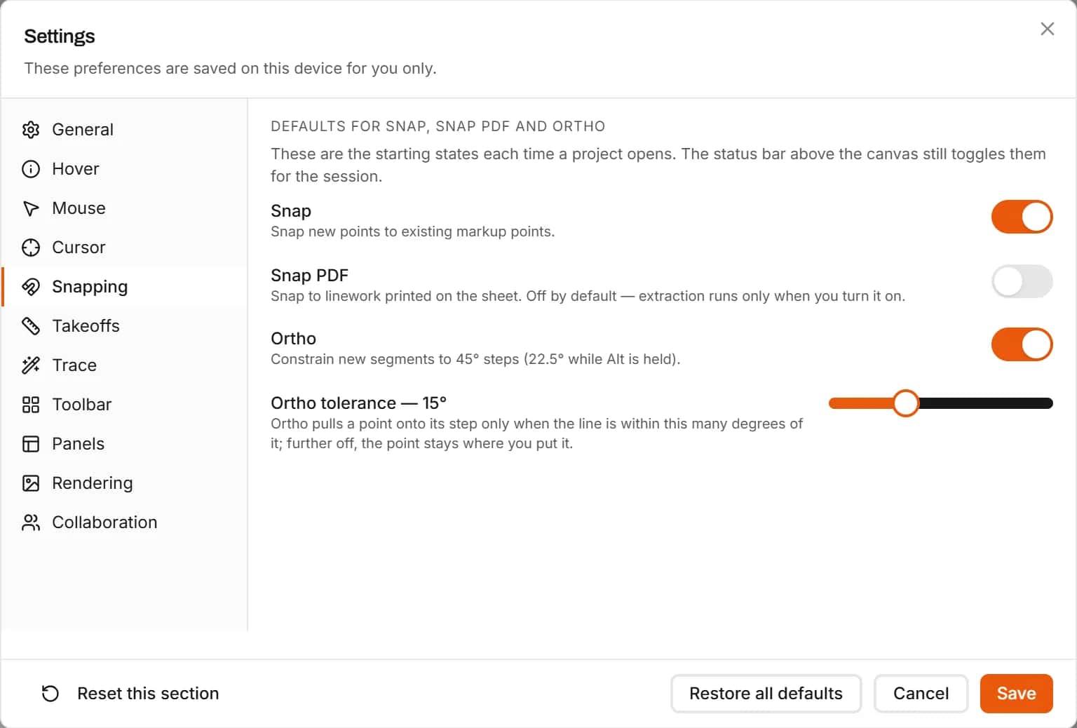 Takeoff Settings dialog with sections for mouse, snapping, takeoffs, toolbar, panels and collaboration