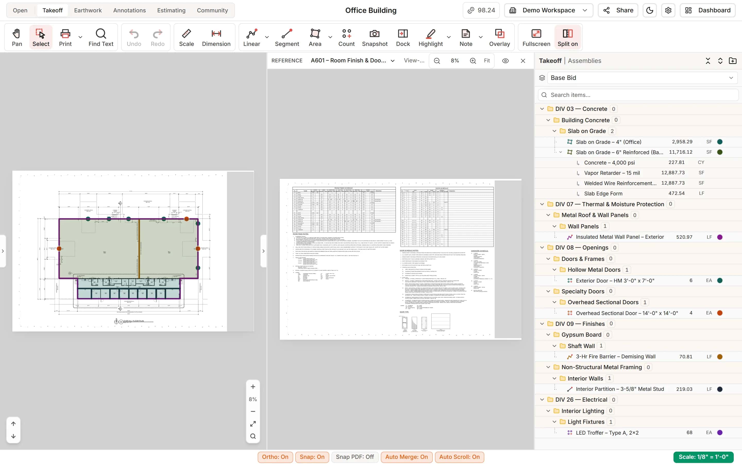 Split view with a reference sheet beside the floor plan being measured